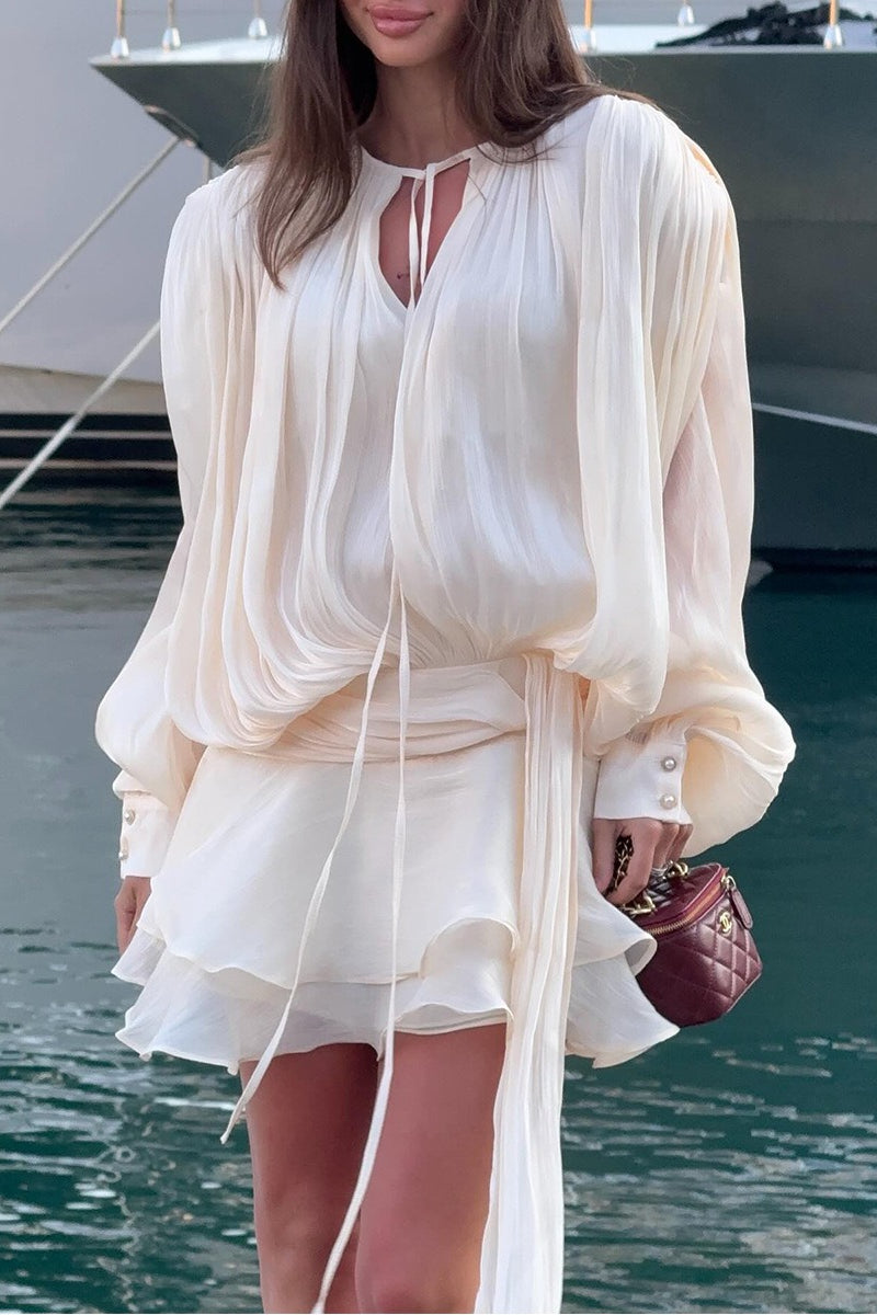 Chiffon Lantern Sleeve Tie Ruffle Mini Dress - View 2