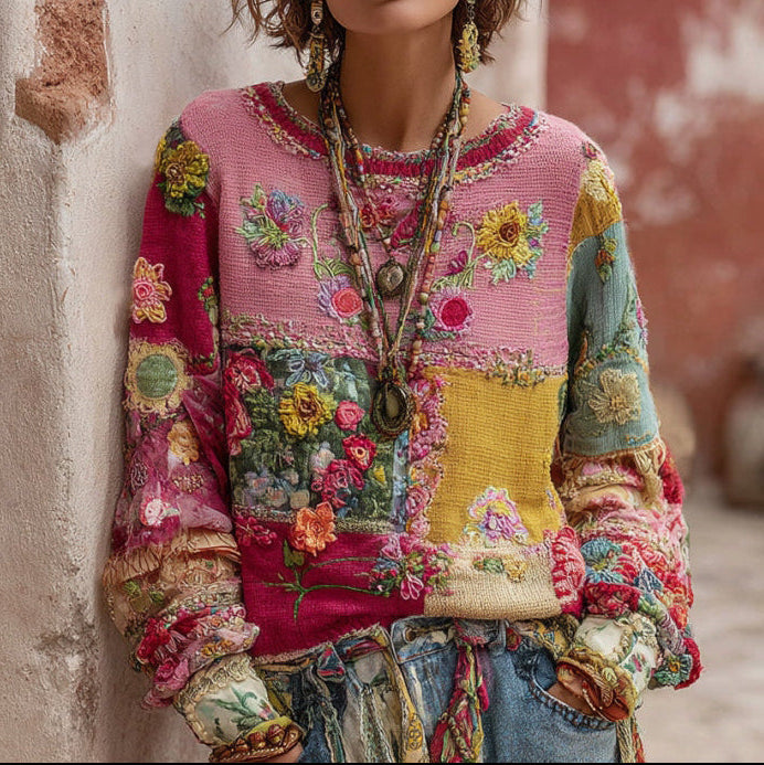 Floral Patchwork Embroidered Crew Neck Knit Sweater