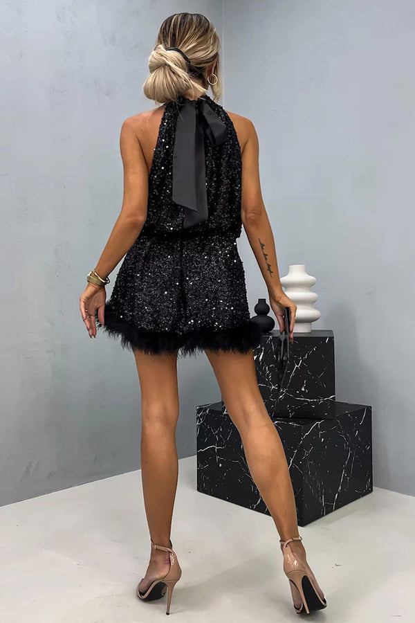Sequin Halter Neck Feather Trim Babydoll Mini Dress