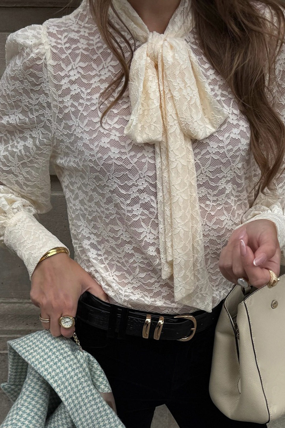 Floral Lace Bow Tie Neck Long Sleeve Sheer Blouse 2