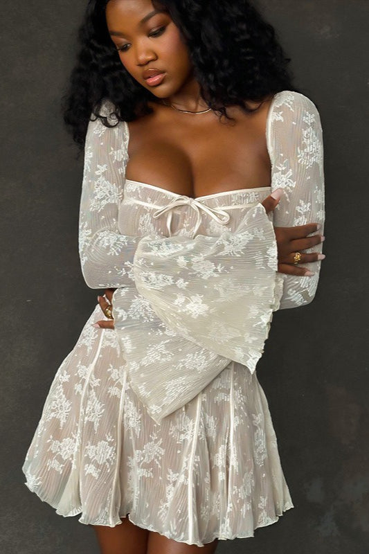 Floral Lace Off Shoulder Corset Tie Front Bell Sleeve A-Line Mini Dress