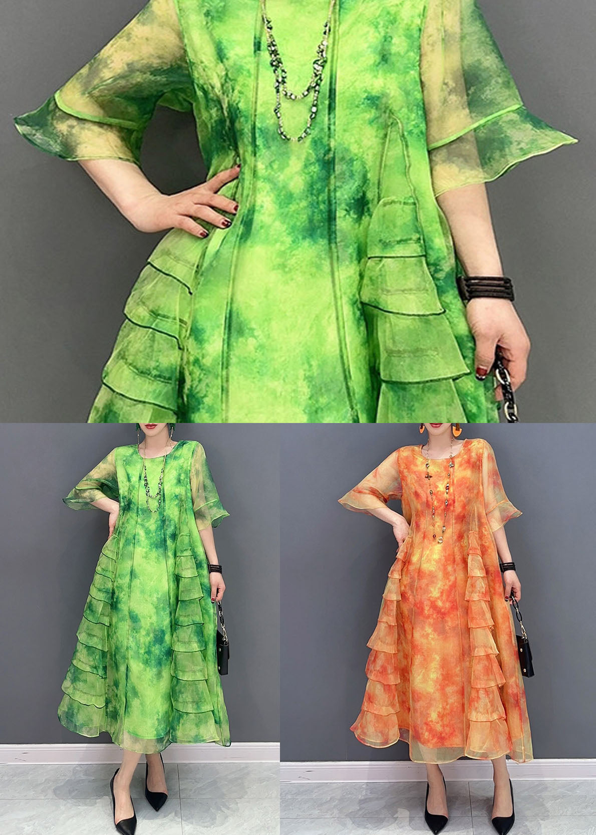 Tie Dye Round Neck Ruffle Sleeve Tiered Ruffle Chiffon Midi Dress