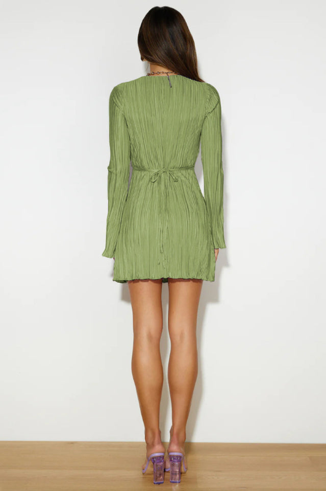 Plisse Deep V-Neck Flare Long Sleeve Lace Up Front Mini Dress 39