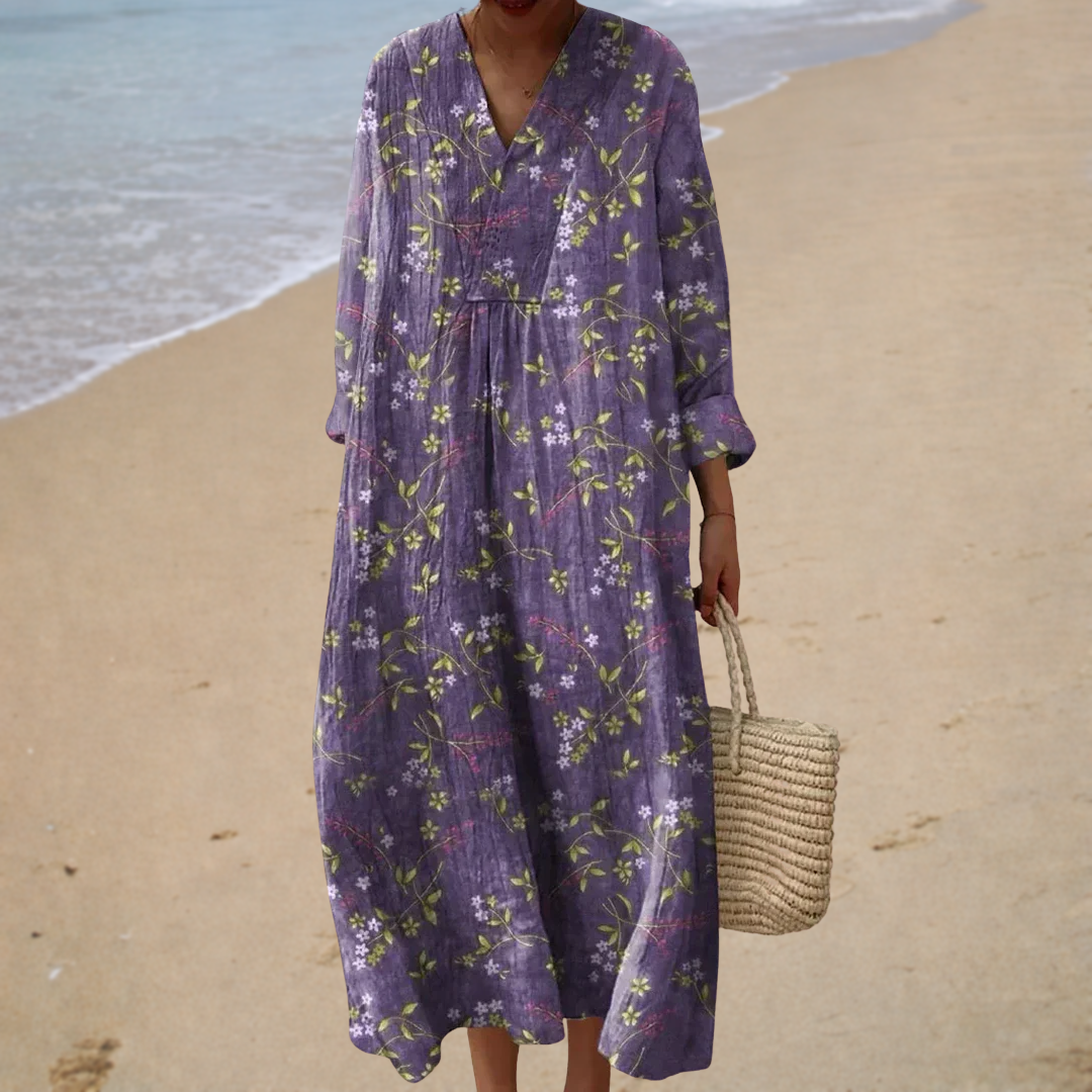 Floral V-Neck Long Sleeve Loose Maxi Beach Dress