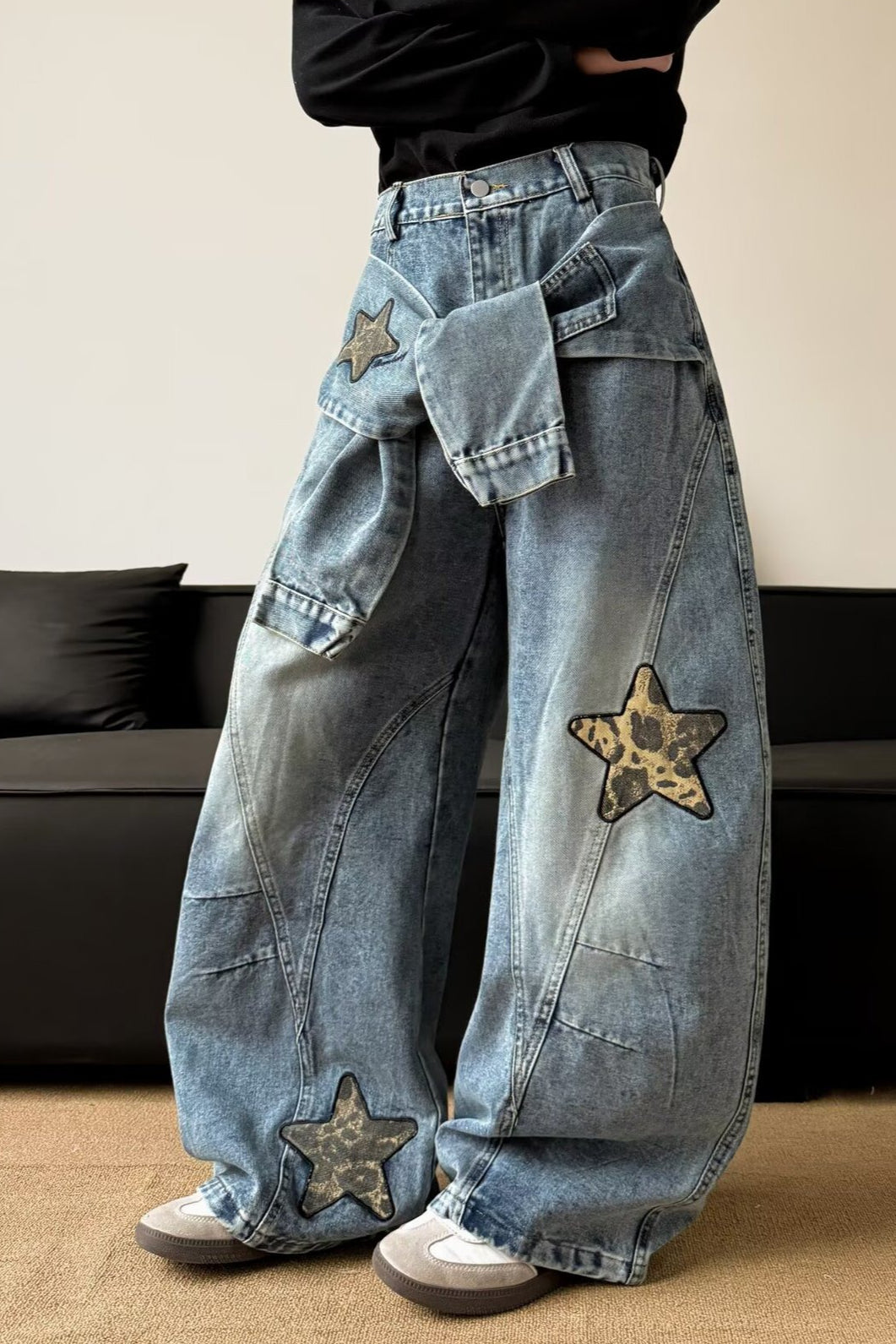 Leopard Star Patch Tie Waist Baggy Wide Leg Denim Jeans 2