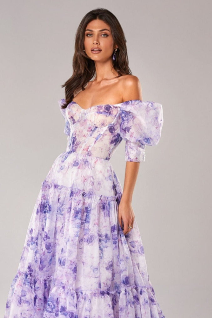 Floral Off Shoulder Puff Sleeve Sweetheart Tiered Maxi Dress