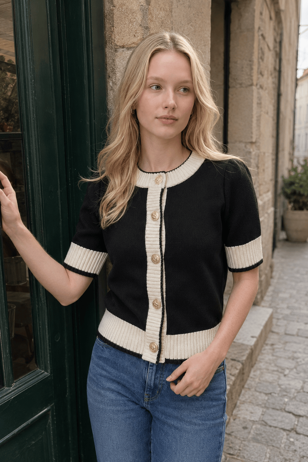 Black White Contrast Slim Cardigan