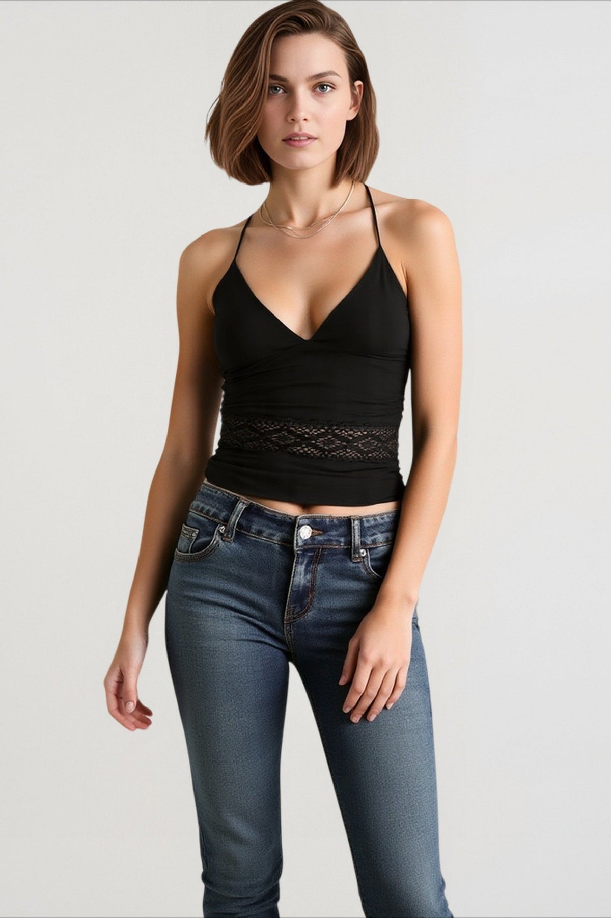 Halter Neck V-Neck Lace Panel Waist Cropped Top 5
