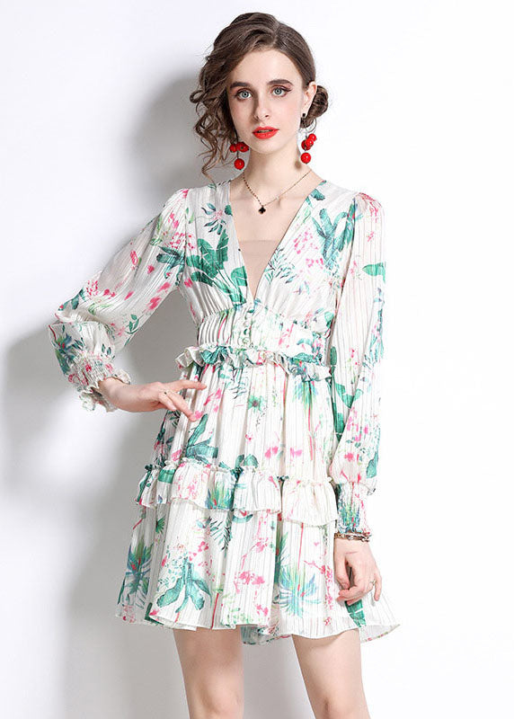 Tropical Palm Print Deep V-Neck Ruffle Cuff Long Sleeve Empire Waist Tiered Plisse Mini Dress