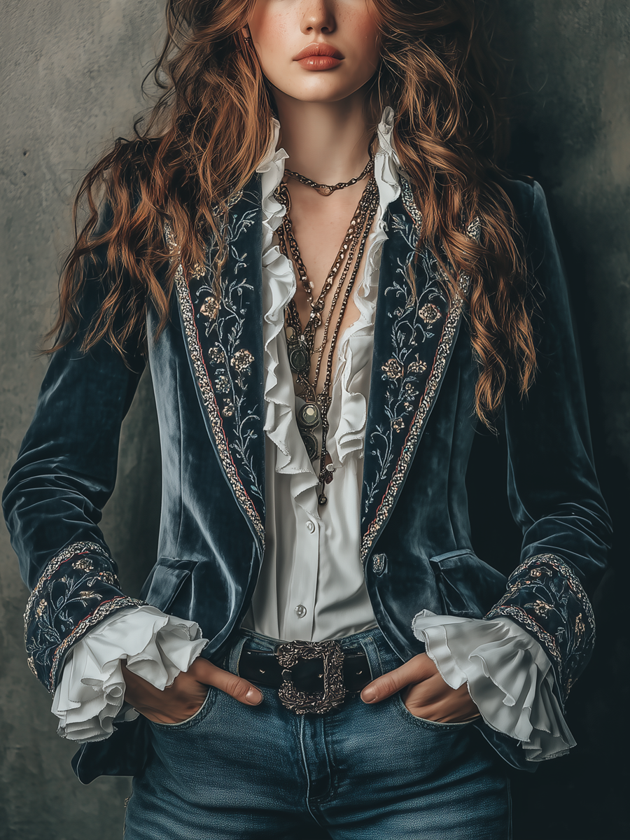 Floral Embroidered Velvet Notch Lapel Blazer