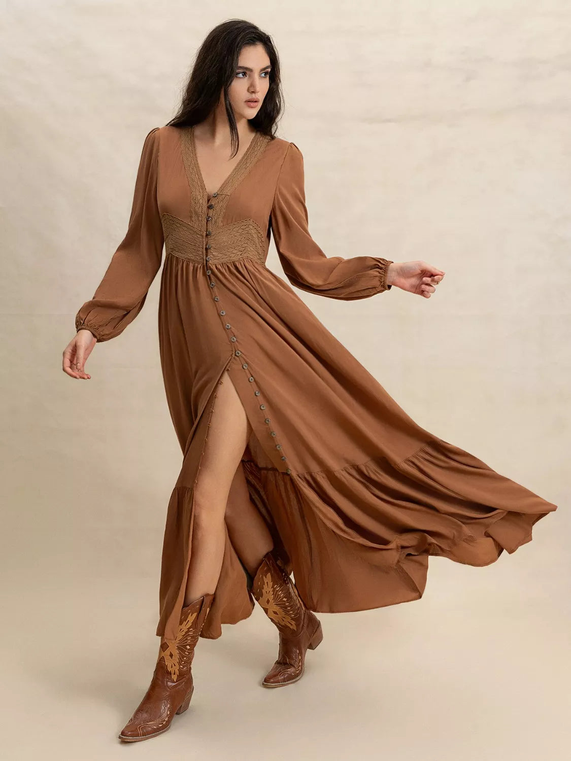 Lace Trim V-Neck Long Sleeve Button Front Tiered Maxi Dress 2