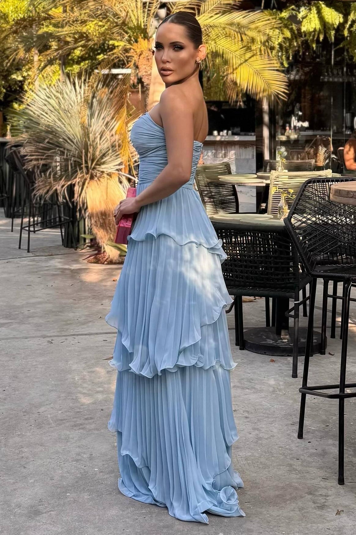 Strapless Ruched Tiered Pleated Chiffon Maxi Prom Dress