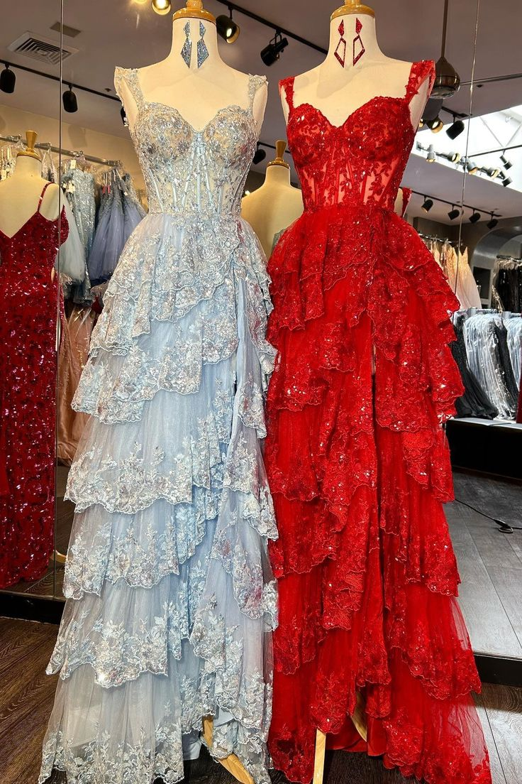 Charming Tulle Appliques Tiered Ruffles Long Prom Dress Slit Party Evening Gown cc1781