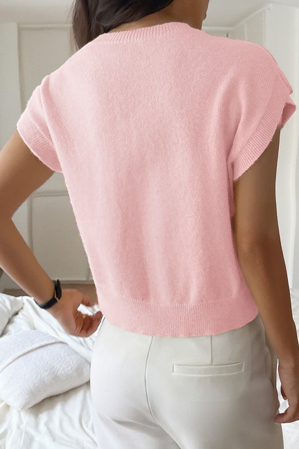 Deep V Solid Knit Short Sleeve Sweater