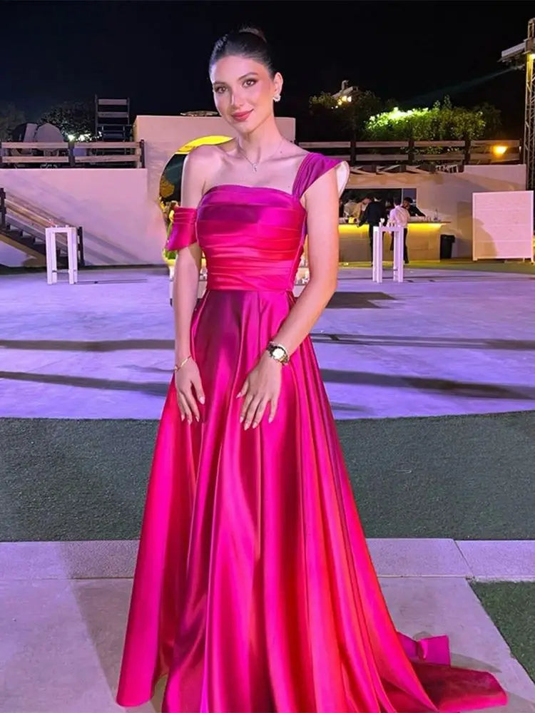 Satin Off Shoulder Ruched A-Line Prom Gown