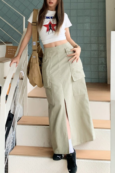 High Waist Cargo Pocket Front Slit Straight Maxi Skirt 2