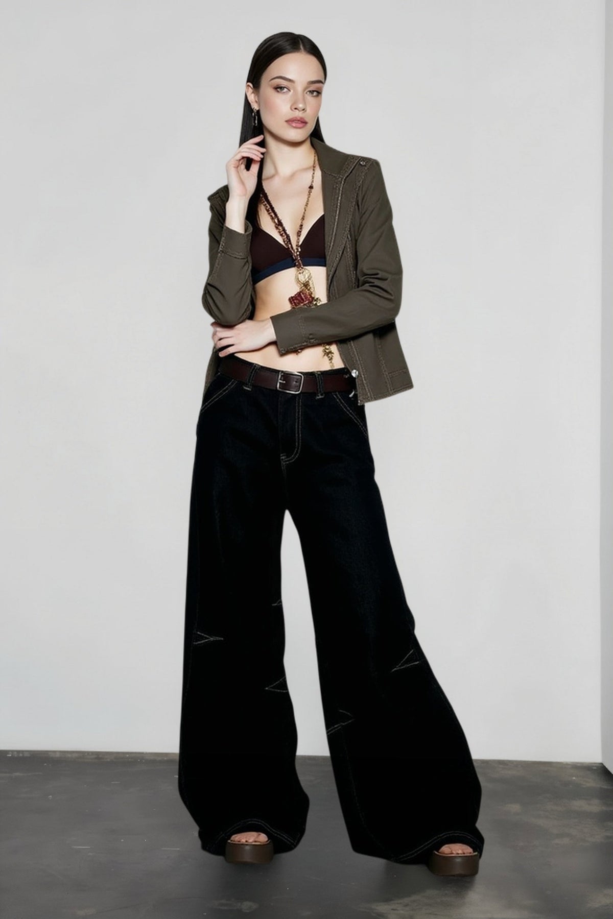 Low Rise Contrast Stitch Baggy Wide Leg Jeans