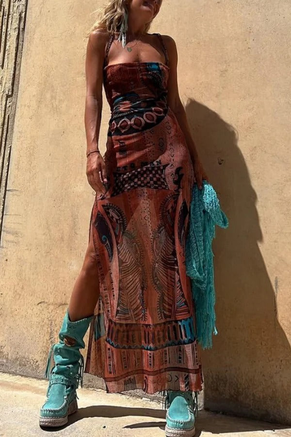 Backless Lace Up Fringe High Split Boho Maxi Dress