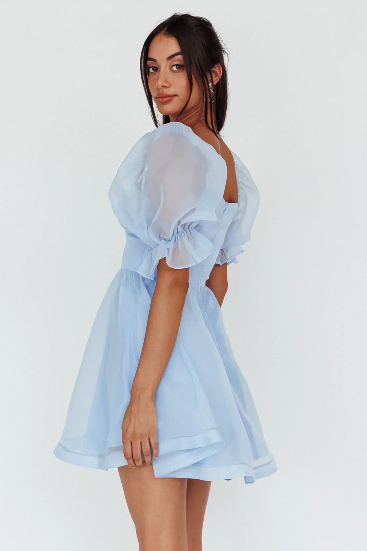 Organza Square Neck Puff Sleeve Corset Waist Skater Mini Dress 3