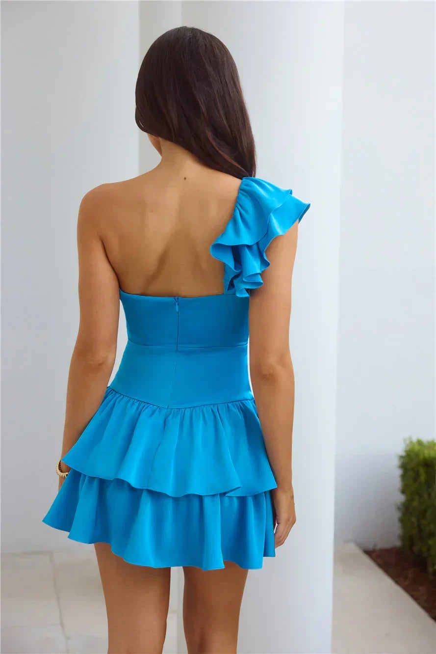One Shoulder Ruffle Strap Keyhole Tiered Ruffle Mini Dress 10