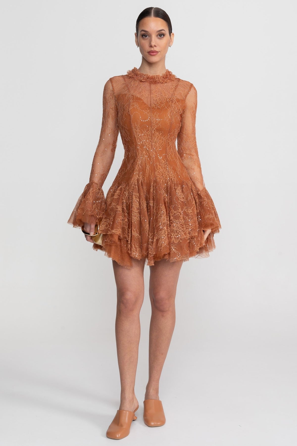 Sheer Lace Ruffle Neck Long Sleeve Flared Cuff Ruffle Hem Mini Dress 3