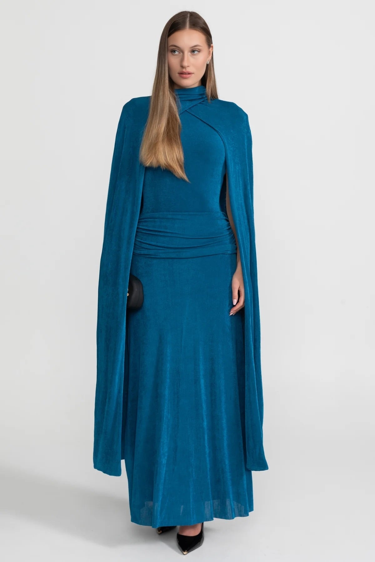 High Neck Attached Cape Ruched Waist Column Floor Length Gown
