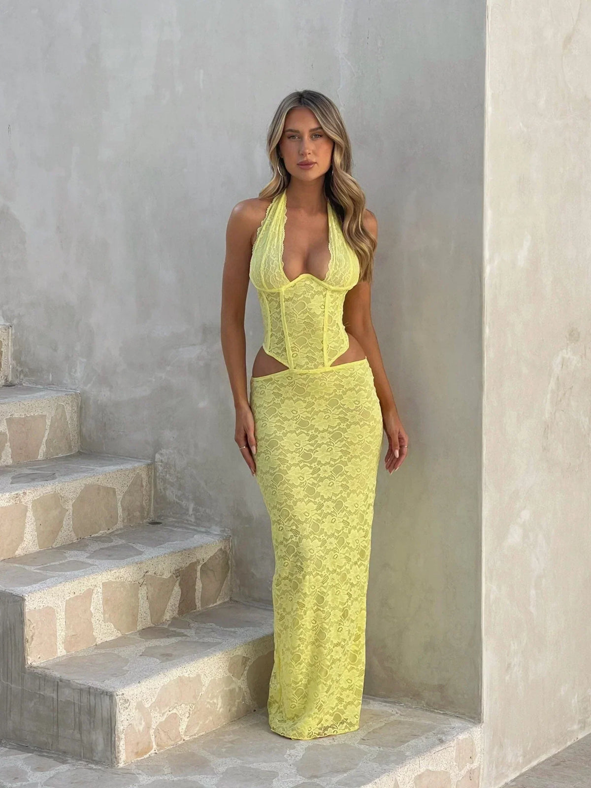 Lace Halter Neck Corset Top and Maxi Skirt Two Piece Set