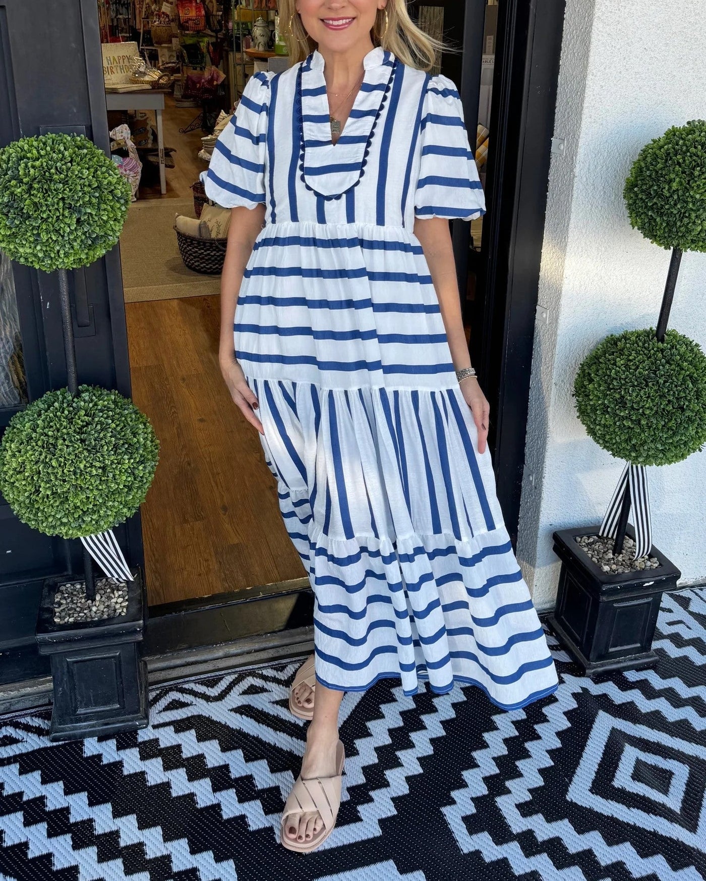 Striped V-Neck Puff Sleeve Tiered Midi Dress 3
