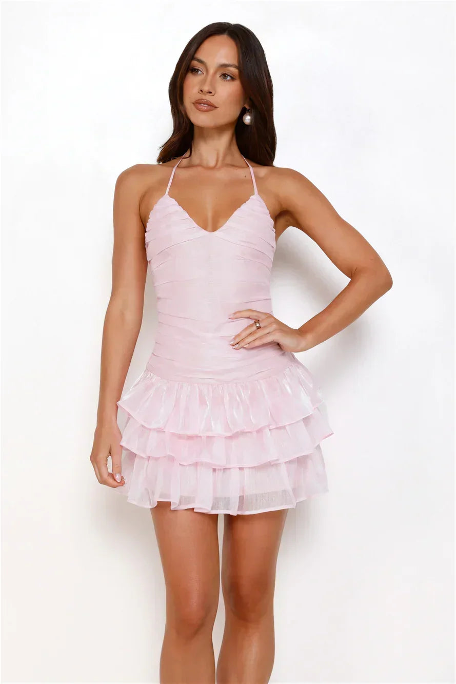 Shimmer V-Neck Halter Ruched Bodice Tiered Ruffle Mini Dress 17