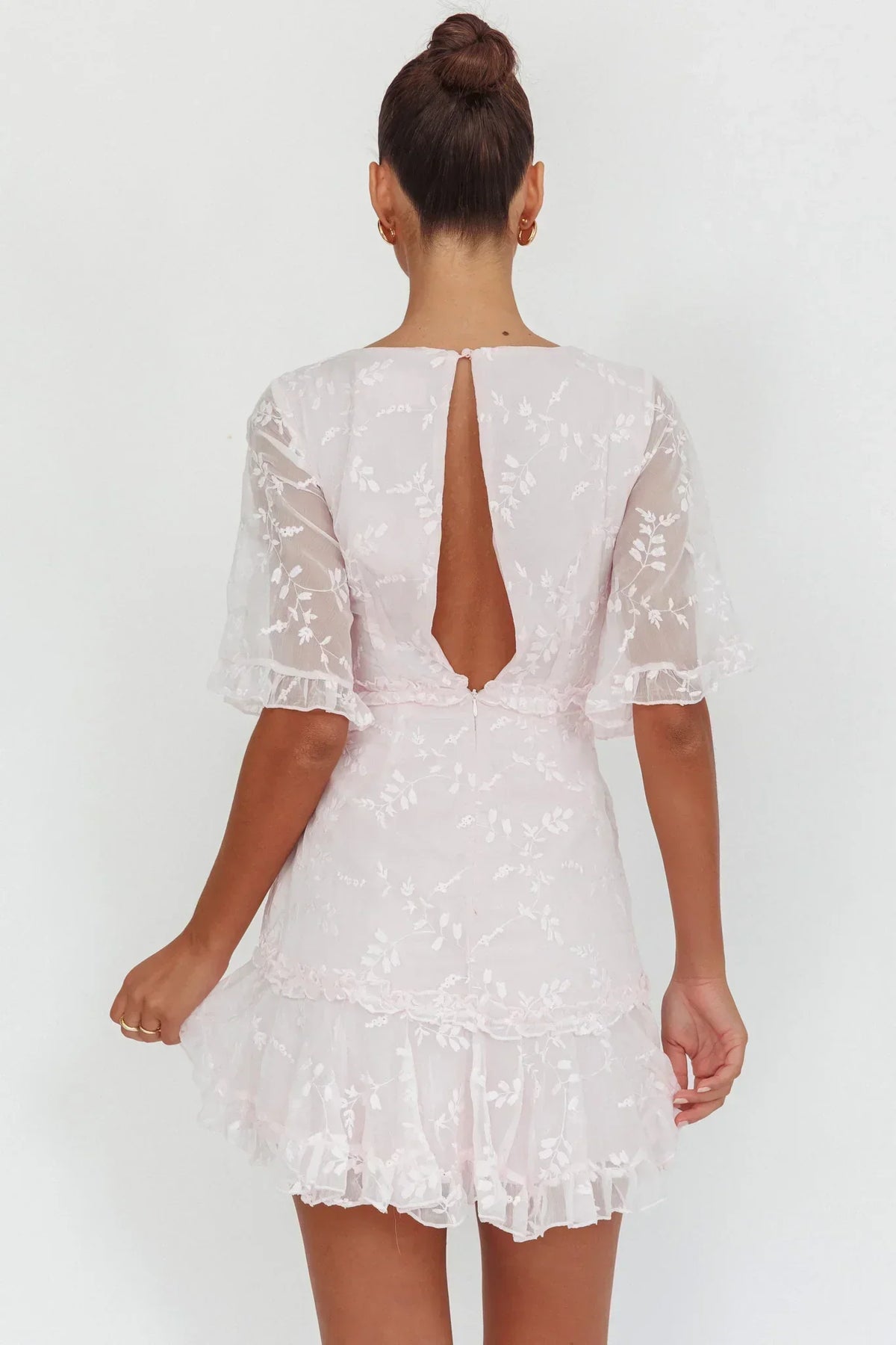 Embroidered Mesh Flutter Sleeve Ruched Frill Trim Mini Dress 2