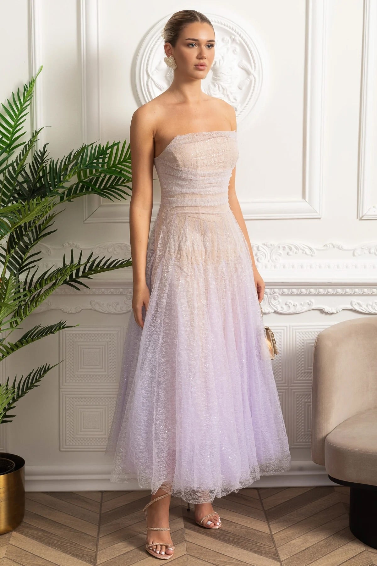 Strapless Ombre Lace Tulle A-Line Midi Dress 3