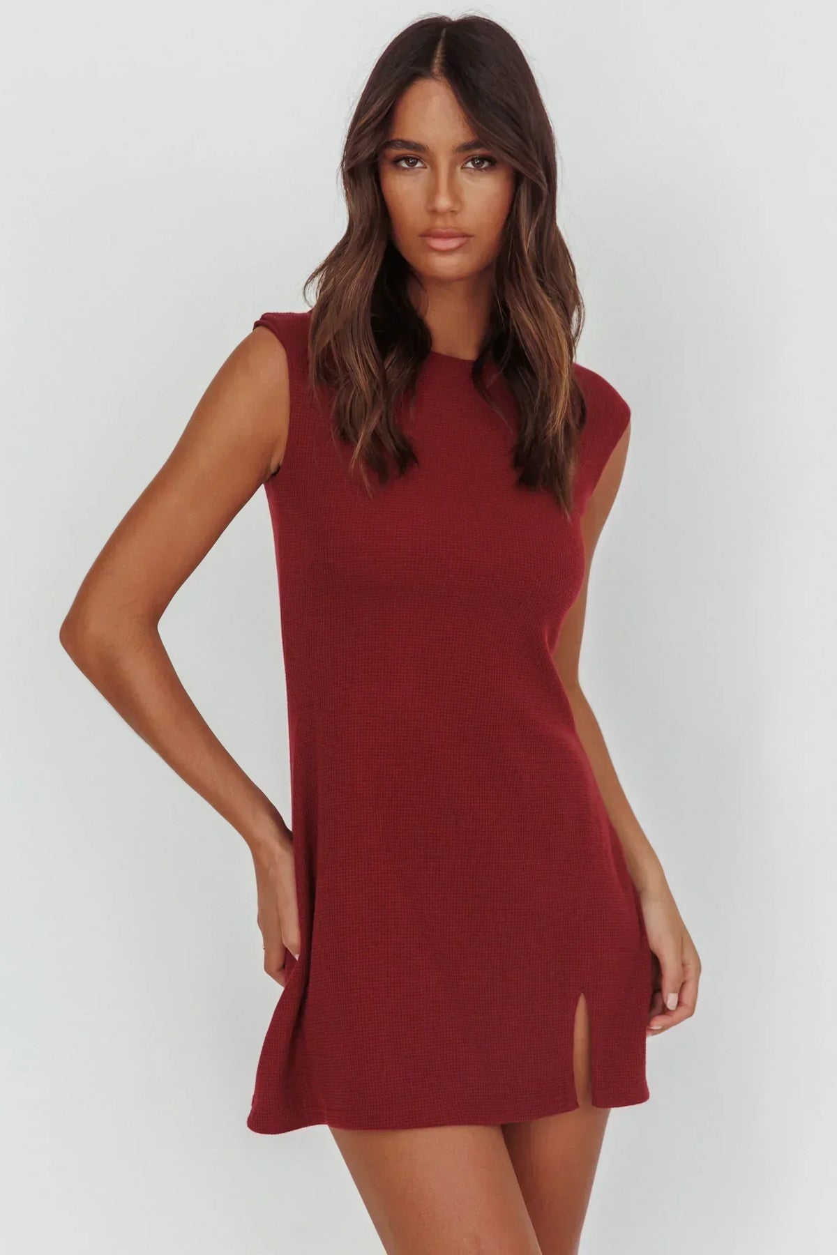 Textured Knit Boat Neck Cap Sleeve Side Split Mini Dress 5