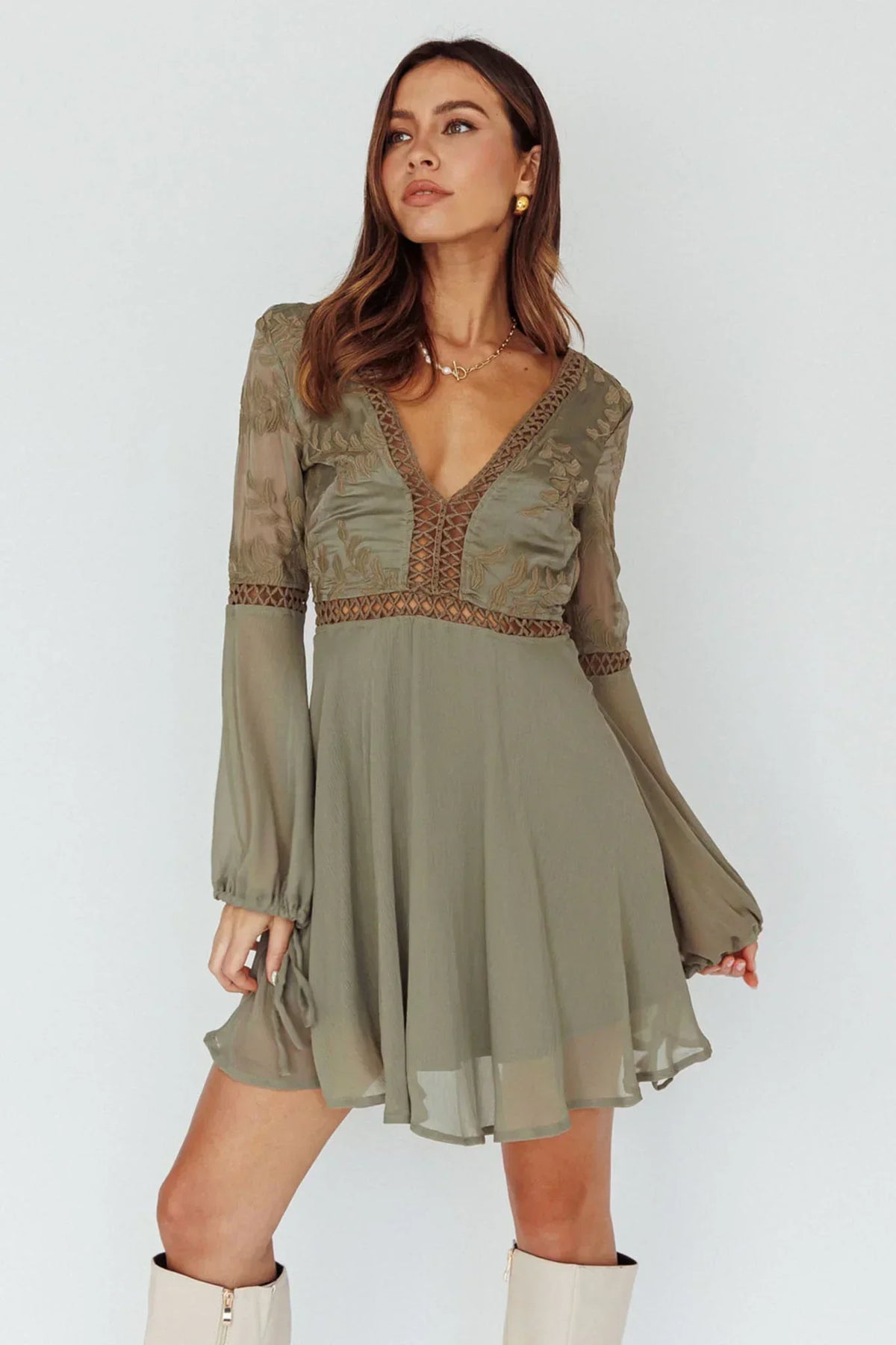 Embroidered Deep V-Neck Crochet Trim Balloon Sleeve Mini Dress 5