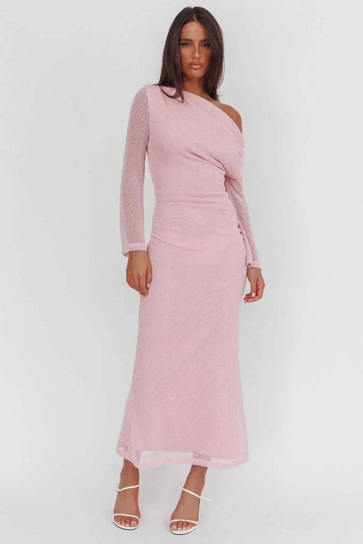 Sheer Knit Off Shoulder Long Sleeve Ruched Side Maxi Dress