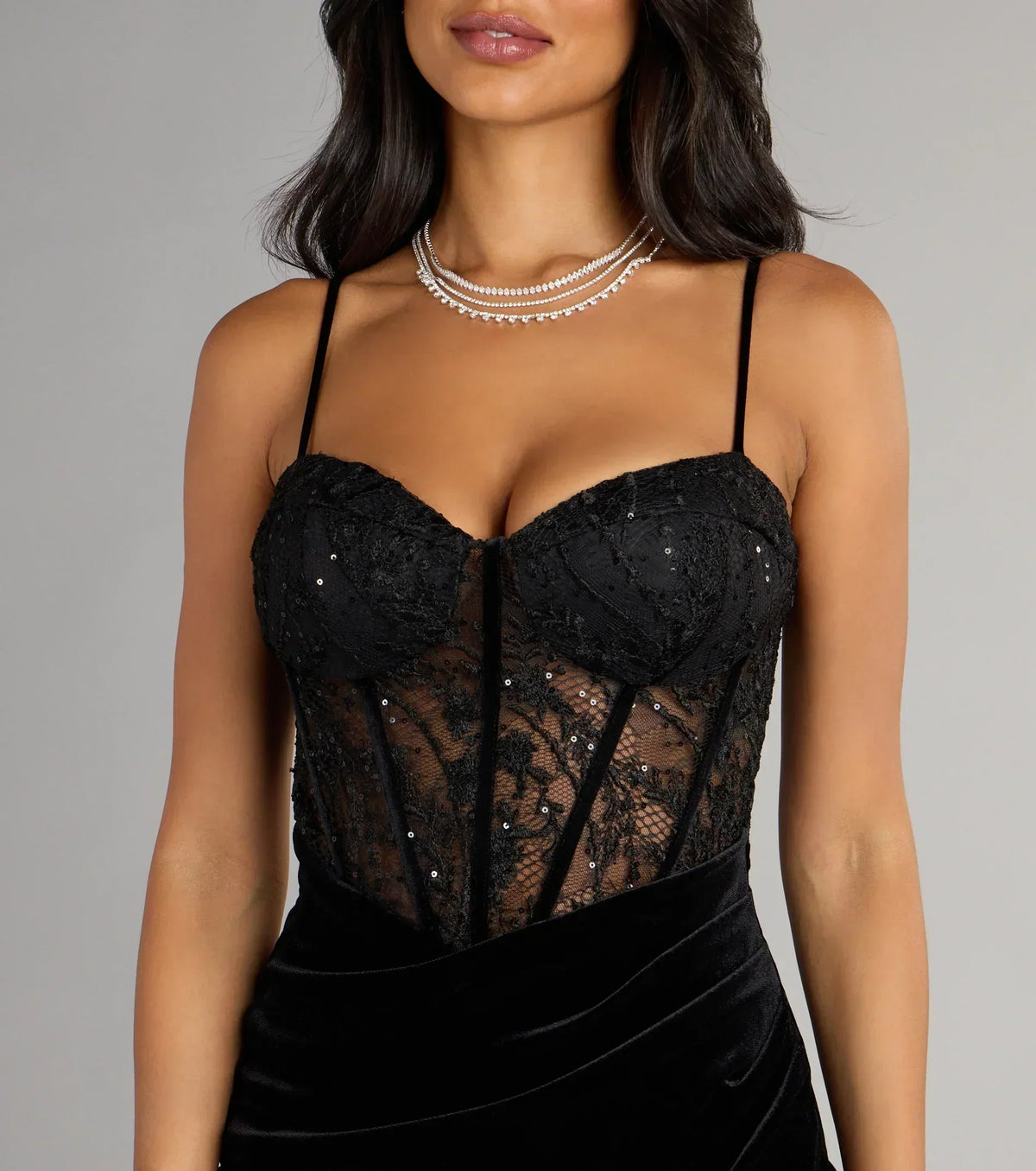 Sequin Lace Corset Bodice Velvet Ruched Side Slit Mini Dress 4