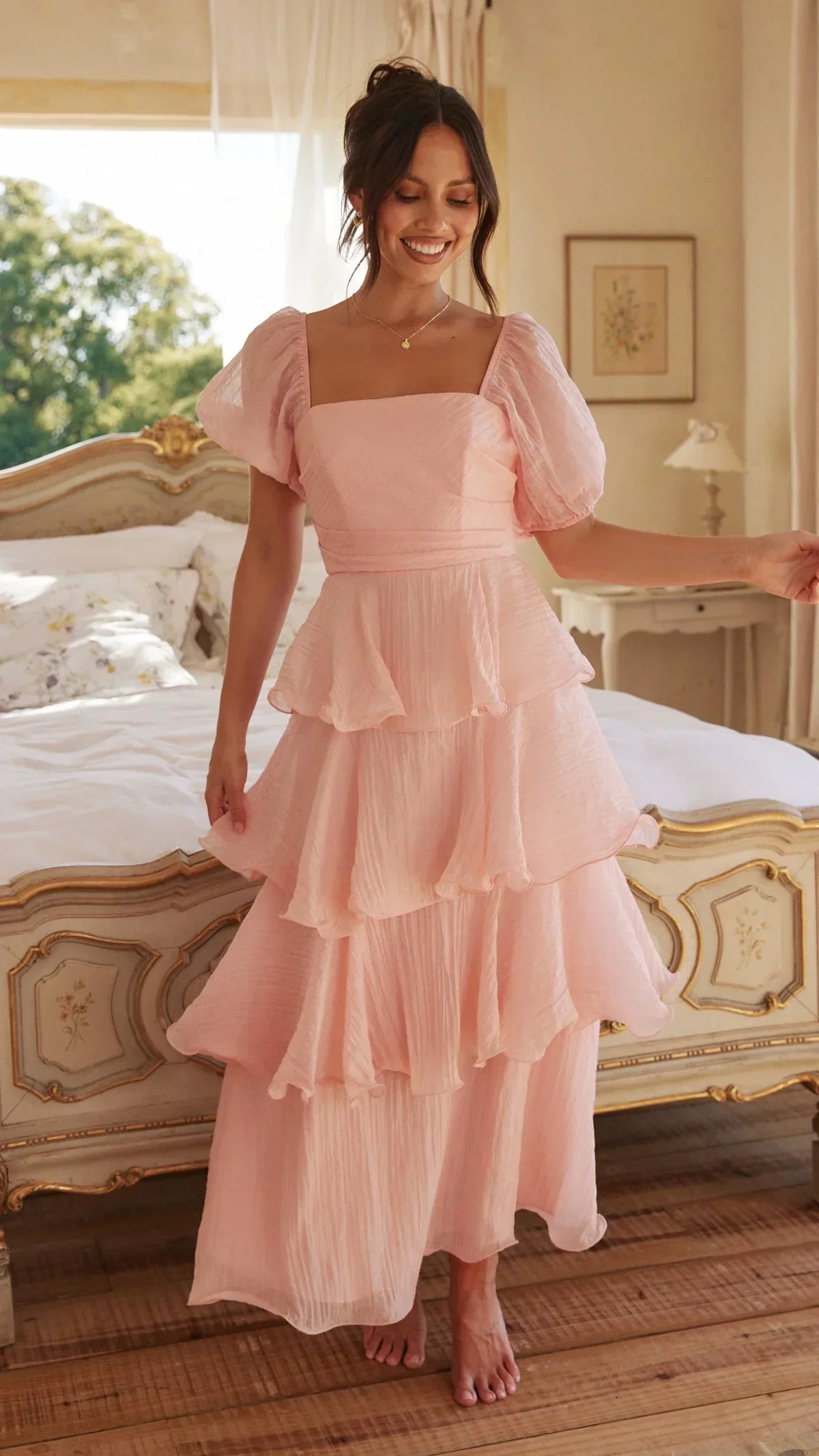Square Neck Puff Sleeve Tiered Ruffle Maxi Dress 2