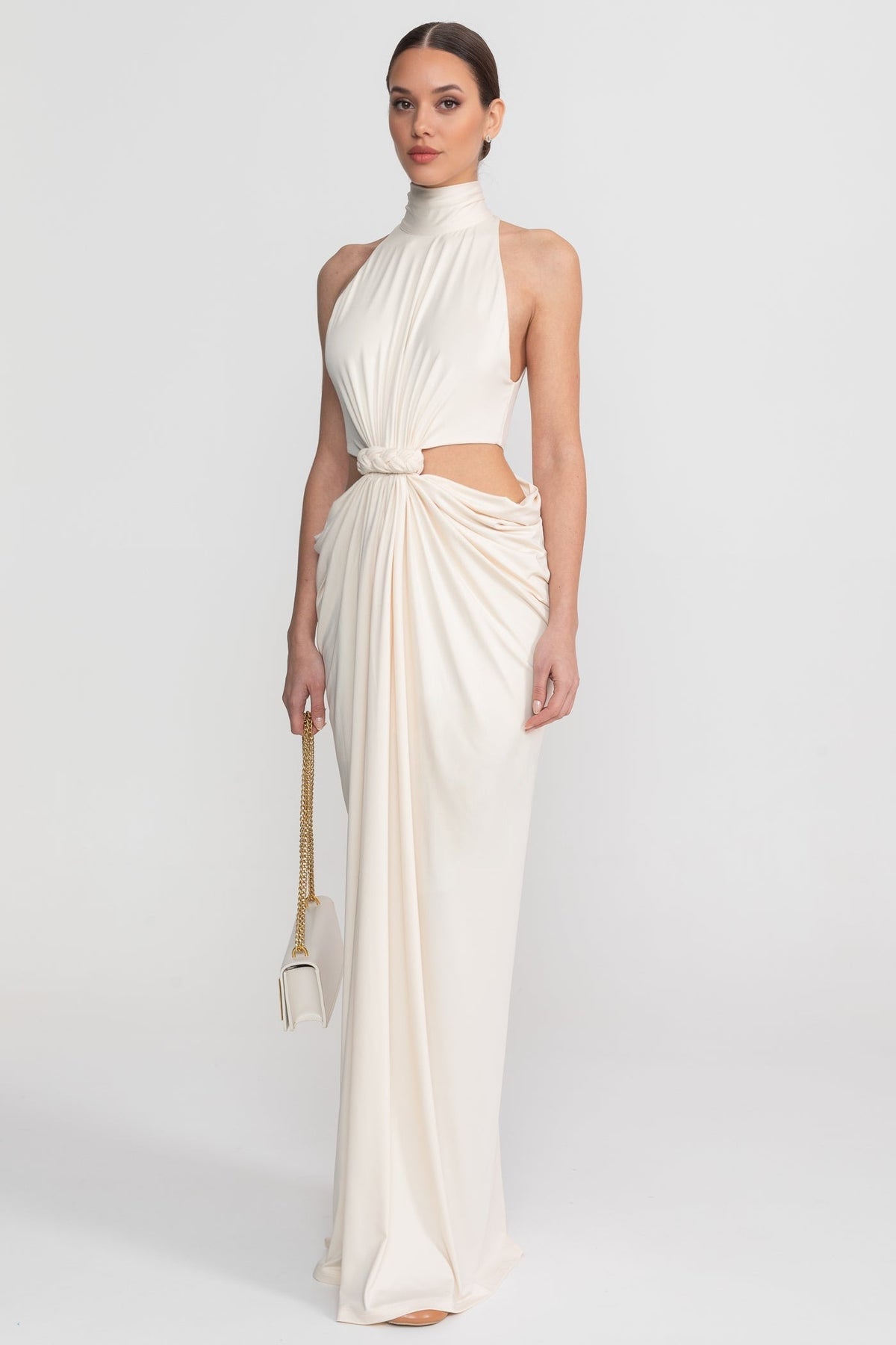 Halter Neck Cut Out Knotted Waist Draped Ruched Maxi Gown - View 3