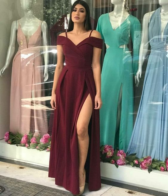 Popular Burgundy Slit Off Shoulder Party Formal Prom Dress cc914