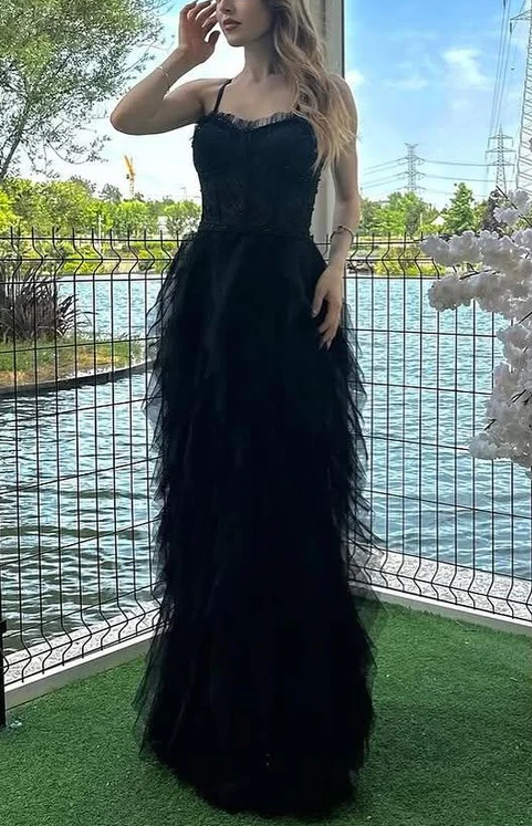 Charming Spaghetti Straps Red Ruffles Tulle Beaded Formal Prom Dress Long Evening Dress cc1989