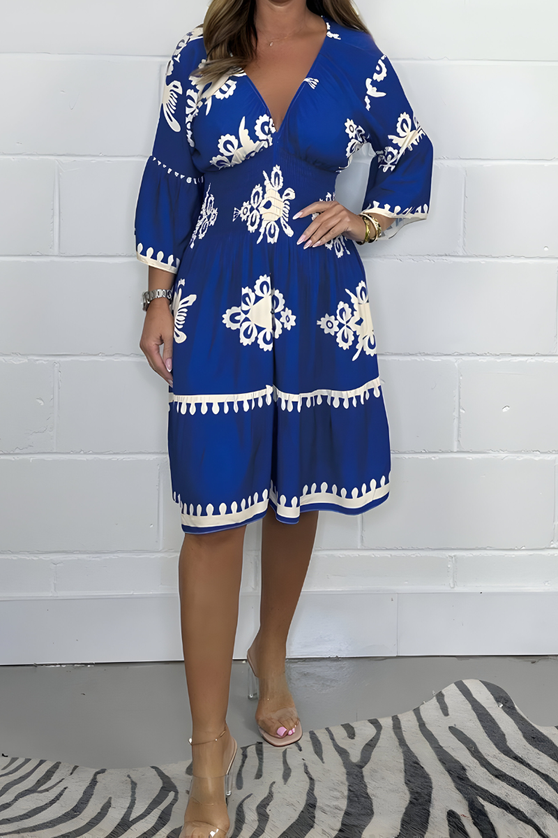 Folk Floral Print V-Neck Three Quarter Sleeve Tiered Midi Dress