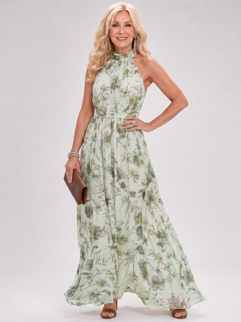 Floral Halter Neck Sleeveless Maxi Dress
