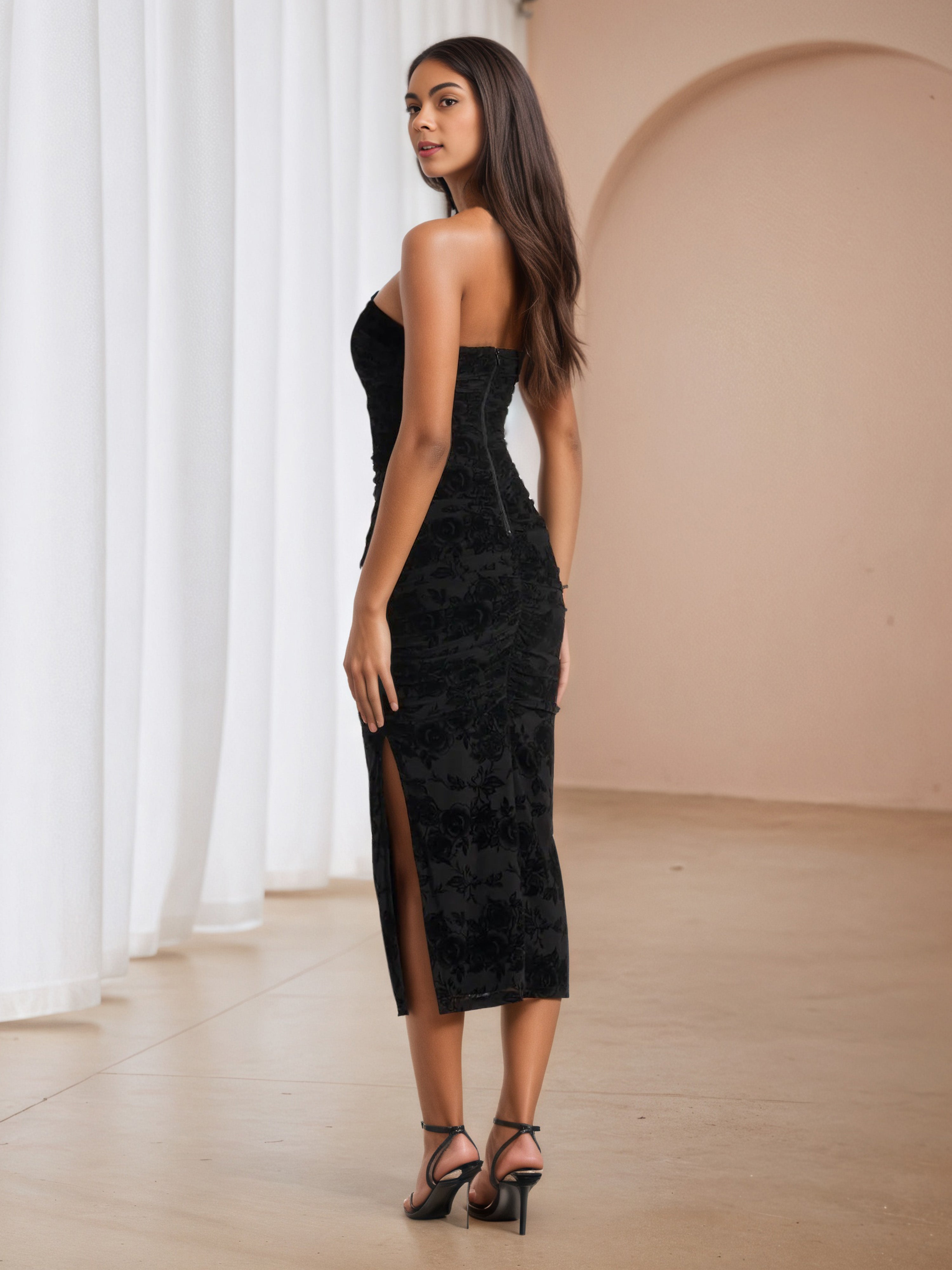 Floral Printed Strapless Black Formal Dresses