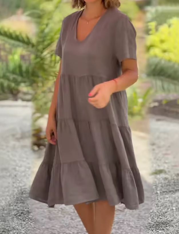 V-Neck Short Sleeve Tiered Midi Dress