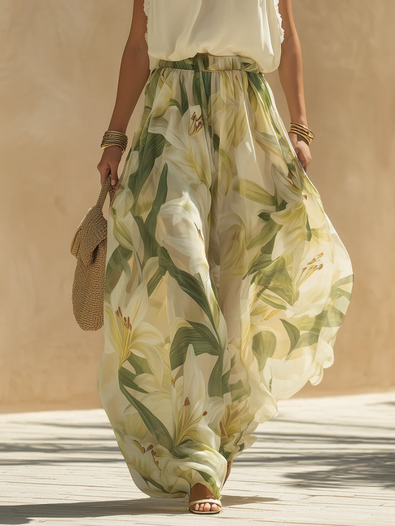 Halter Neck Lace Trim Top and Lily Print Maxi Skirt Two Piece Set