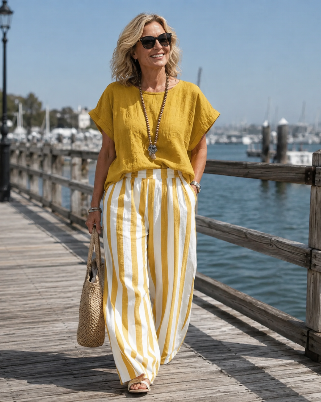 Round Neck Top and Striped Wide Leg Pants Two Piece Set