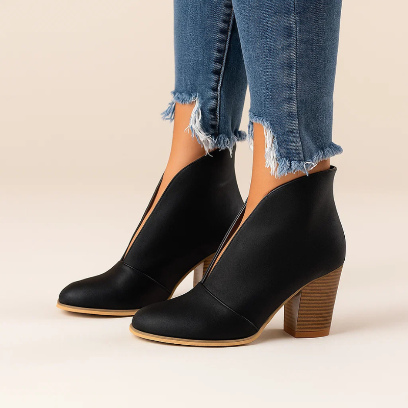 Pointed Toe Cut Out V Front Block Heel Ankle Boots 9