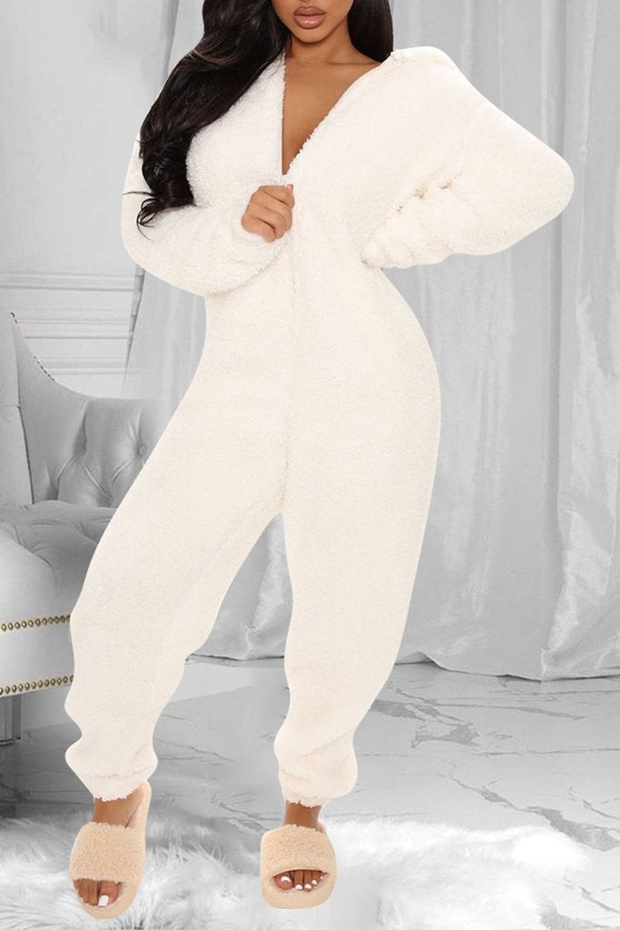 Fuzzy Hoodie Collar Jumpsuit Pajamas