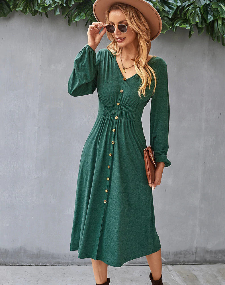 V-Neck Long Sleeve Button Front Smocked Waist A-Line Midi Dress