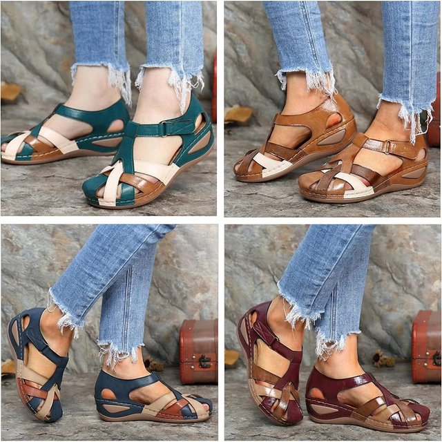 Closed Toe Cut Out Buckle Strap Wedge Sandals