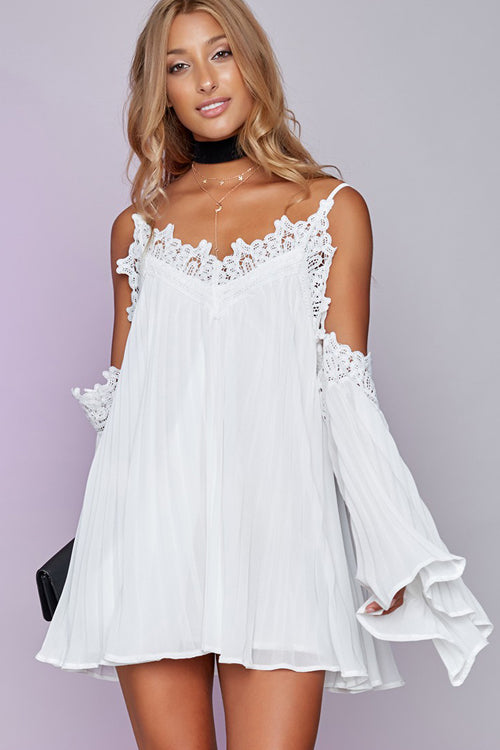 Lace Trim Cold Shoulder Bell Sleeve Pleated Chiffon Mini Dress